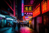 Fototapeta  - On June 19, 2015, in Hong Kong, neon lights lined Tsim Sha Tsui Street. Hong Kong's Tsim Sha Tsui street is a well known destination for shopping. Generative AI