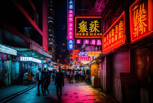 On June 19, 2015, In Hong Kong, Neon Lights Lined Tsim Sha Tsui Street. Hong Kong's Tsim Sha Tsui Street Is A Well Known Destination For Shopping. Generative AI