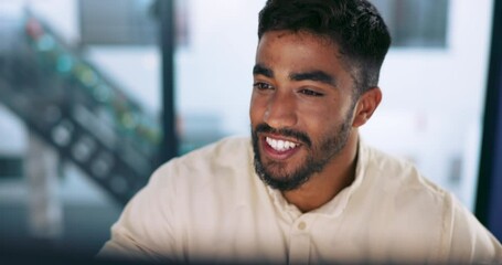 Office computer, trading and man happy with review of investment profit, financial economy and stock market. Success, online website and Indian trader reading crypto bitcoin, nft or forex database