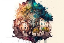 Colorful Cityscape With Abstract Trees And Buildings, Painted As An Illustration. Generative AI