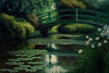 Monet's Water Lilies Bridge Near Giverny, France Generative AI