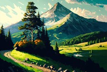 Stunning Landscape Painting With Rolling Hills And Peaks Set Against A Forest Backdrop. Generative AI