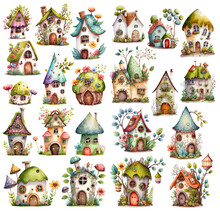 Fantasy Set Of Cute Cartoon Fairy Houses, Watercolor Elven Houses Isolated On White Background, Fairy Tale Village