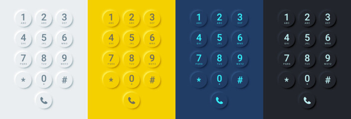 Realistic smartphone dial screen buttons color set. Vector keypad with numbers and letters for phone, screen UI design. Touchscreen device keypad interface in white, yellow, blue and black colors.