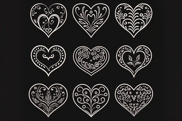 Heart generative ai illustration. Love icon of white hearts scribble. Cartoon doodle design isolated on black background. Thin stripes. Elements for Valentines.