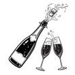 Popping bottle of champagne with cork flying out and pair of clinking glasses. Vector illustration.