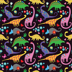 Cute Dinosaurs kids pattern for Girls and Boys Cartoon Cute Animals on Blue Creative seamless background hand drawn funny Pink Dino for textile and fabric design