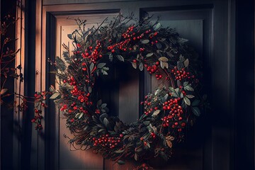 Sticker -  a wreath on a door with red berries and green leaves on it. Generative AI