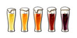 Hand drawn set of glasses of light and dark beer. Different types of craft fresh beer. Vector illustration.