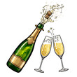 Popping bottle of champagne with cork flying out and pair of clinking glasses. Vector illustration.