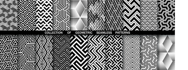 Geometric set of seamless black and white patterns. Simple vector graphics