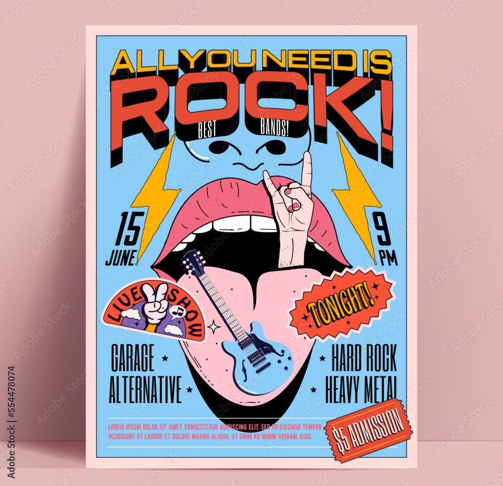 Retro rock music party or concert poster or flyer design template