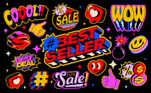 Retro Bright Colored Best Seller Shopping Sales Sticker Pack With Vector Nostalgic Icon Templates For Season Sale, Shop Discount, Product Promo. Vector Illustration