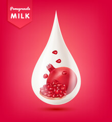 Wall Mural - Pomegranate inside milk droplets white realistic shiny. Cream yogurt drop falling with beautiful reflection. Isolated on red background. Used for nutrition products your design. 3d vector EPS10.