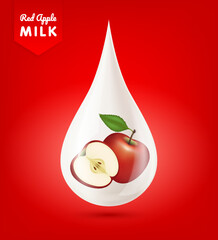 Wall Mural - Red Apple inside milk droplets white realistic shiny. Cream yogurt drop falling with beautiful reflection. Isolated on red background. Used for nutrition products your design. 3d vector EPS10.