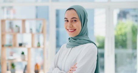 Poster - Face, mindset and vision with a business muslim woman standing arms crossed in her office at work. Portrait, confidence and empowerment with an islamic female employee working on company growth