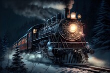 A Vintage Steam Train With A Vintage Locomotive And Vintage Cars Moves Along The Rails Through The Night Forest. Generative AI Art