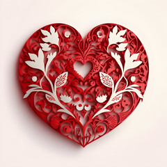 Sticker - Paper Cut Heart. Floral Intricate Card Design. Lovely 3D illustration. Generative AI.