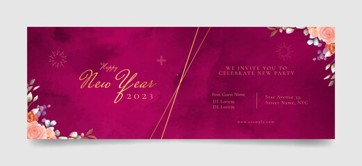 Wall Mural - New year 2023 banner template with gold text and dark pink background