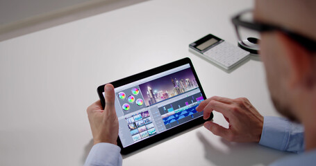 Fototapete - Video Editor Or Designer Using Editing Software Tech