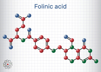 Sticker - Folinic acid, leucovorin molecule. It is folate analog, used to treat colorectal cancer, pancreatic cancer. Molecule model. Sheet of paper in a cage