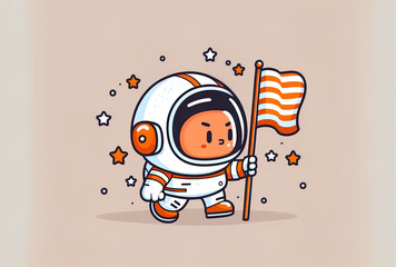 Wall Mural - Cartoon icon illustration of an adorable astronaut holding a flag in space. Isolated Space Icon Concept Premium . Cartoonish flatness. Generative AI