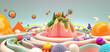 paesaggio surreale fatto di dolci, caramelle, budini, lecca lecca, panna ,creato con l'intelligenza artificiale,