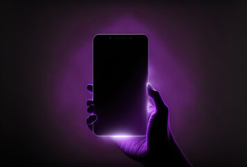 Canvas Print - Realistic hand of a guy or woman clutching a purple phone. The colors of a realistic smartphone are dark purple. Smartphone design idea for an advertisement, isolated on a black backdrop. . Generative