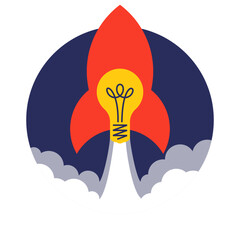 Wall Mural - the concept of launching an idea or a startup, a rocket light bulb flies up leaving clouds of smoke.
