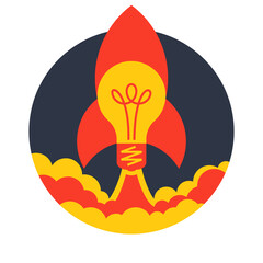 Wall Mural - the concept of launching an idea or a startup, a rocket light bulb flies up leaving clouds of smoke.