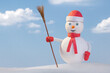 smiling snowman in red clothes with broom