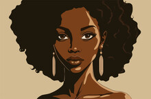 A Portrait Of An African Girl. Vector Minimalistic Style. A Look Into The Camera. Large Earrings. Young And Attractive.