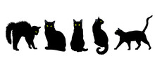 Set Of Vector Silhouettes Of Black Cats With Green Eyes