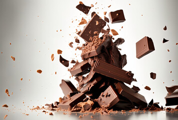 Sticker - stacked chocolate chunks falling close up on a white backdrop. Generative AI