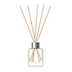transparent reed diffuser bottle mockup. home fragrance with yellow liquid perfume. cube aromatic di