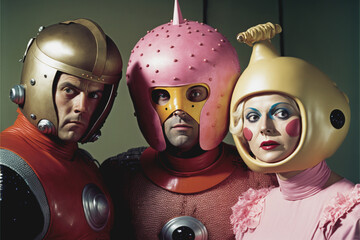 Wall Mural - Retro photo of three people in cheap plastic futuristic costumes. Vintage science fiction television show or movie actors created with generative AI.