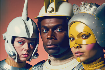 Wall Mural - Retro photo of three people in cheap plastic futuristic costumes. Vintage science fiction television show or movie actors created with generative AI.