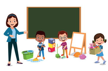 Wall Mural - cute students cleaning classroom at school