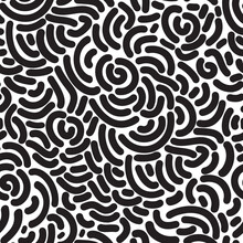 Abstract Seamless Pattern With Lines Ornament, Labyrinth, Mosaic Geometric Ornament. Hand Drawn Smooth Round Strokes. Black And White Monochrome Background, Backdrop, Wallpaper