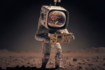 Sticker - At a spacewalk on a planet's orbit, an astronaut is holding an antique TV head. media mix. Generative AI