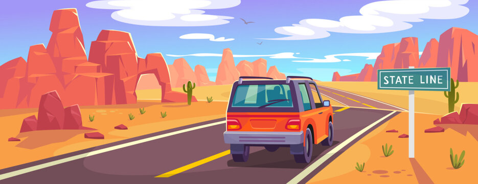 Wall Mural - Car on a highway in a desert on a road trip in summer. Landscape view on a roadway through a canyon with mountains and barren land in the west of America or Mexico. Cartoon style vector illustration.