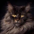  a long haired cat with yellow eyes looking at the camera with a black background and a black background with a black background. Generative AI