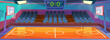 Basketball court interior with game score count. Empty school or college gym with wooden floor, seats, ball hoops, spotlight and scoreboard, ready for a championship. Cartoon style vector background.