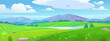 Beautiful background with mountains, a green valley with a lake, and meadows. Landscape view of a nature scene: big mountain, trees on the hills, fields and blue sky. Cartoon style vector illustration