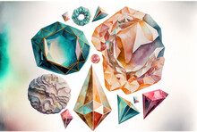 Rock Jewelry Made Of Diamonds. Isolated Crystal Stone Polygonal Geometry. Illustration Of A Backdrop In Watercolor. Ceramic Surface Texture Printed. An Example. Generative AI