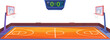Basketball court with a scoreboard on white background. Sport championship in school or university. A score of a competition. Side view of a gymnasium. Cartoon style vector illustration.