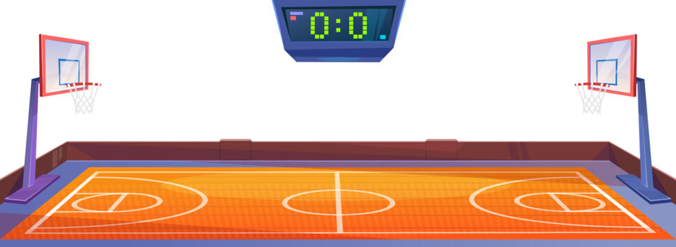 Wall Mural - Basketball court with a scoreboard on white background. Sport championship in school or university. A score of a competition. Side view of a gymnasium. Cartoon style vector illustration.