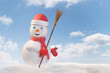 smiling snowman in red clothes with broom