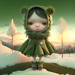 Canvas Print - little doll in a winter landscape