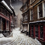 Fototapeta Londyn - AI Generated Image of a Victorian Street Covered in Snow for Christmas cards, Generative AI